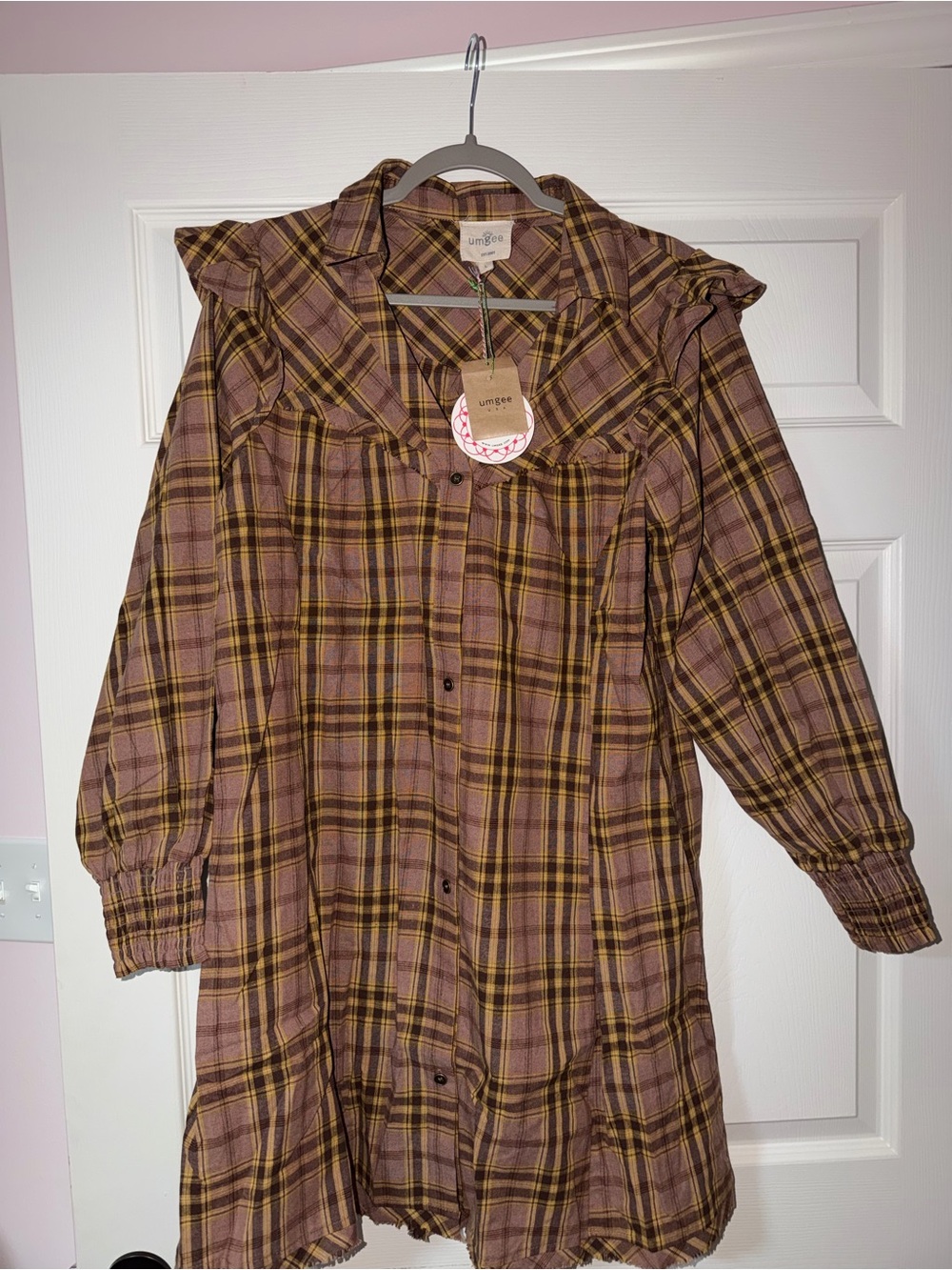 Umgee Plaid Long-Sleeve Button Dress with Yellow Accents